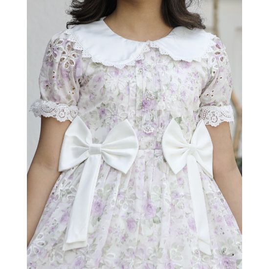 صورة فستان بناتي ورود زهرية بفيونكات خصر وأزرار مرصعة - M3735